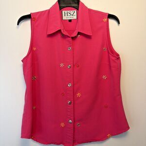 HSZ Studio Pink Sleeveless Blouse L Starburst Embroidered Y2K Indie Cottagecore